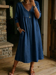 Casual Loose V-neck Stitching Lace Linen Cotton Dress