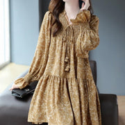 Long-sleeve Loose-fit Autumn V-neck Lace-up Printed Dress for Women