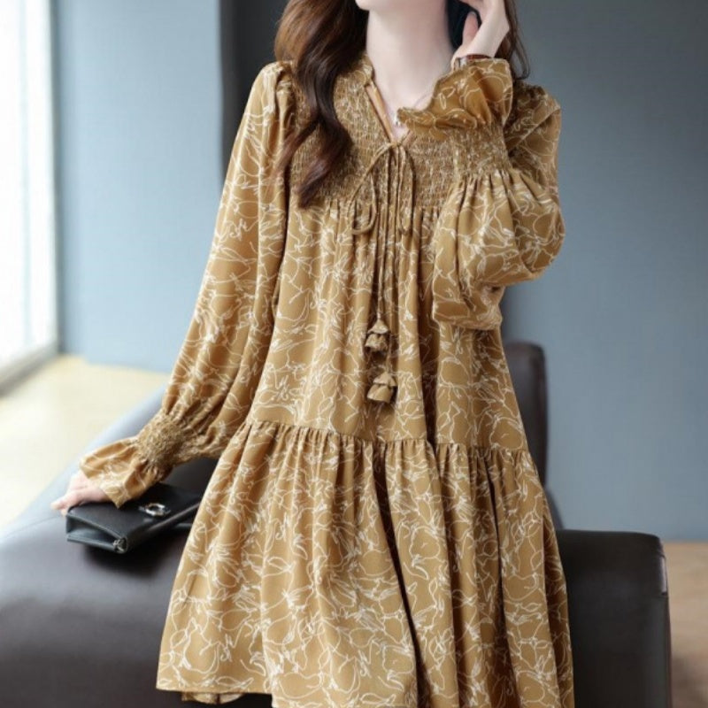 Long-sleeve Loose-fit Autumn V-neck Lace-up Printed Dress for Women