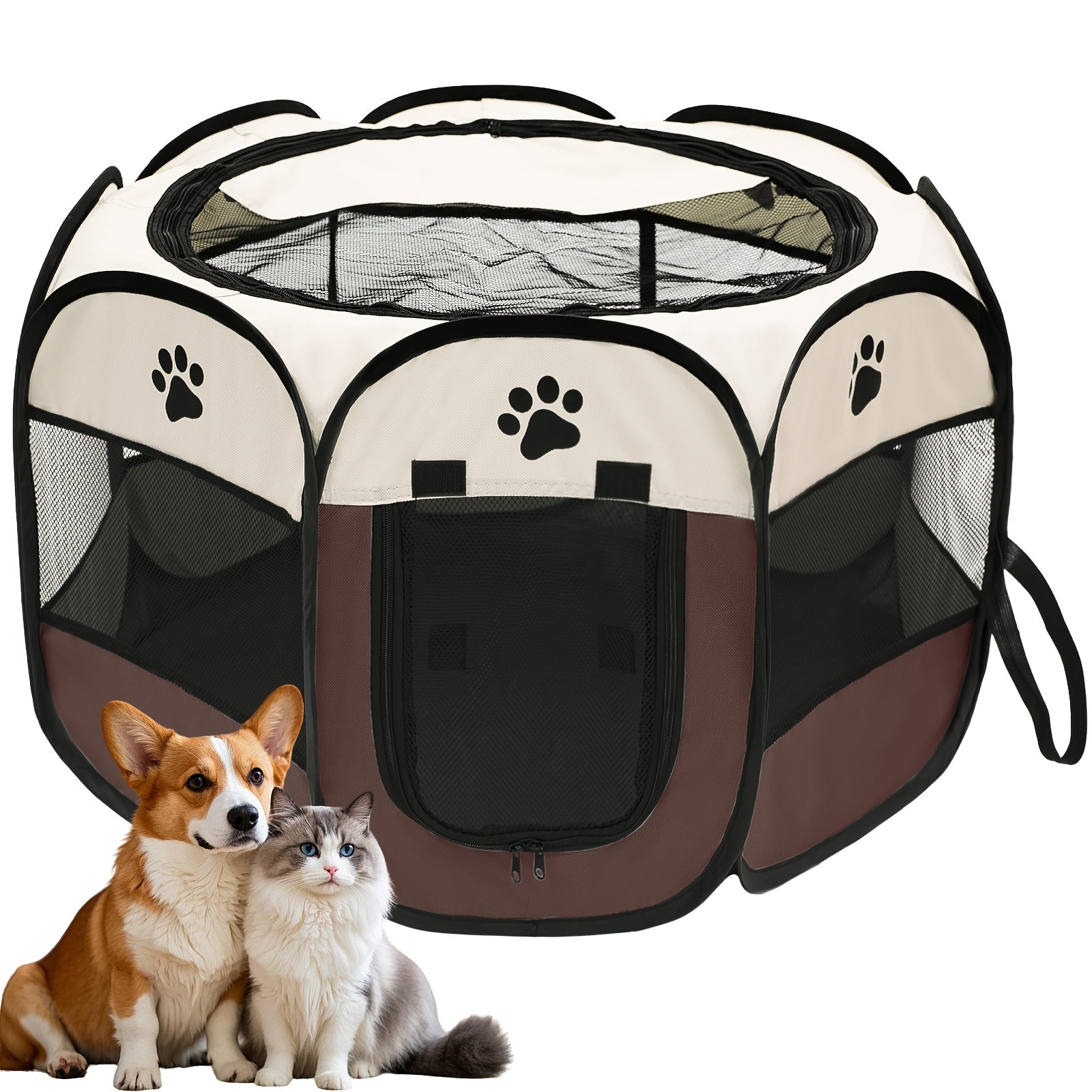 Premium Foldable Octagonal Pet Playpen Tent - Spacious And Scratch-Resistant, Two-Tone Design With Paw Print Accents, Indoor/Outdoor Use (S, M, L), Portable Pet Pen | Travelfriendly Pet Pen | Durab...