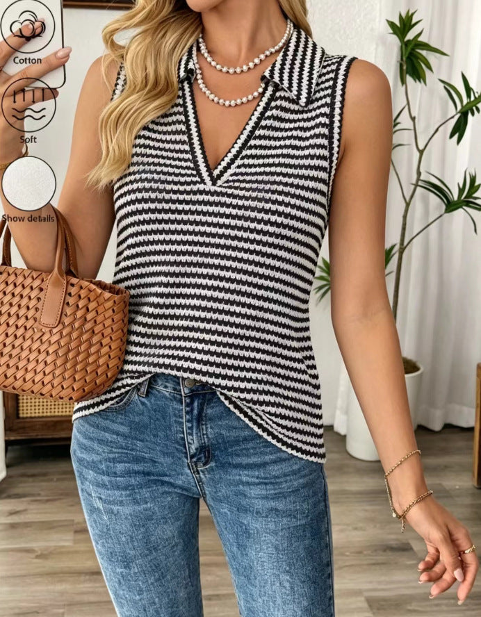Summer V-neck Knitted Casual Striped Polo Sweater