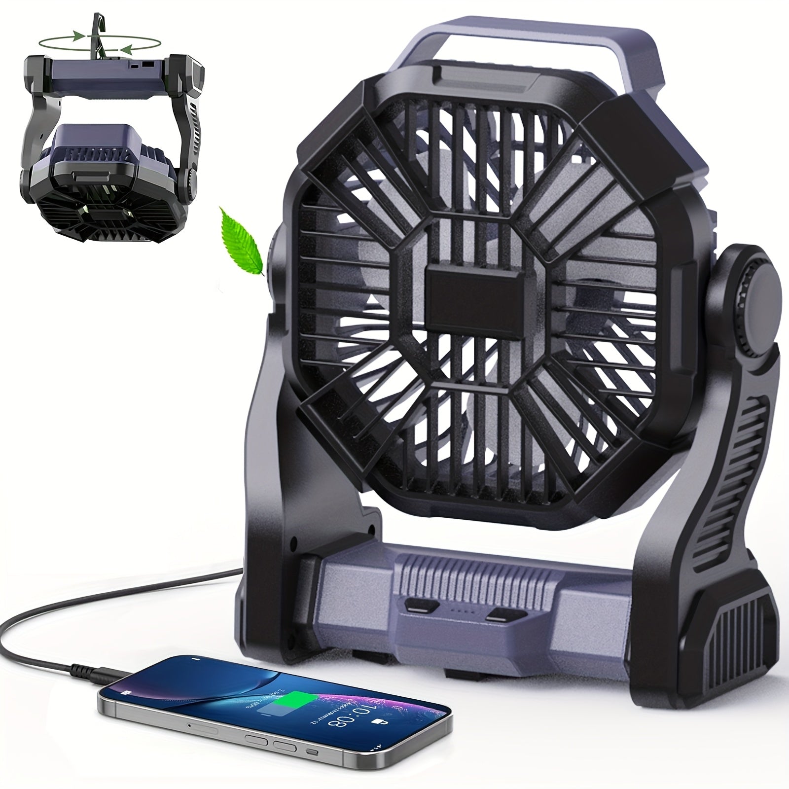 Three-in-One Battery Powered Camping Fan with LED Lantern, Timer and Rotating Base