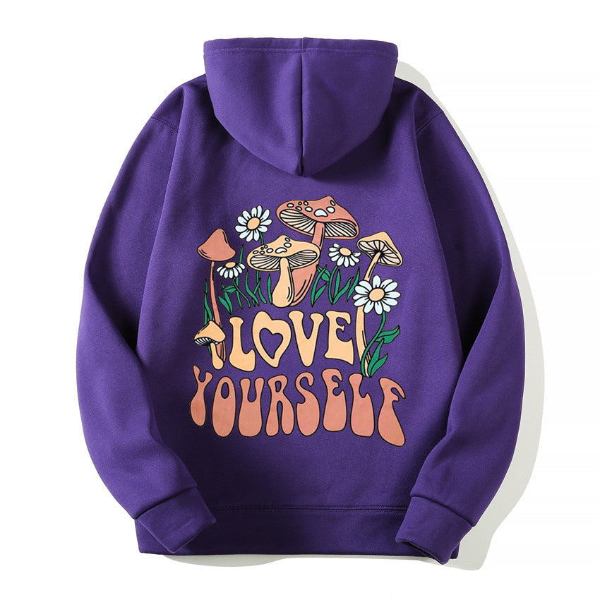 Plus Size Cute Mushroom Slogan Cozy Pullover Hoodie