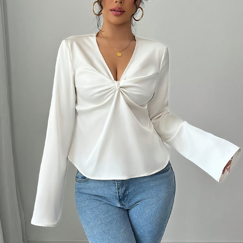 Elegant V-Neck Ruffled Flared Sleeve Blouse for Women