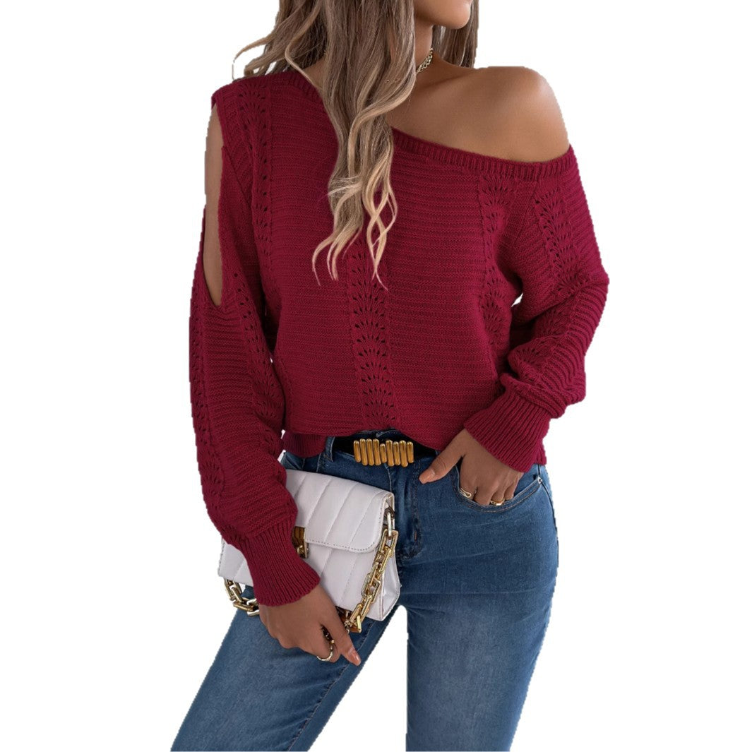 Solid Color Hollow Out Shoulder-baring Long Sleeve Pullover