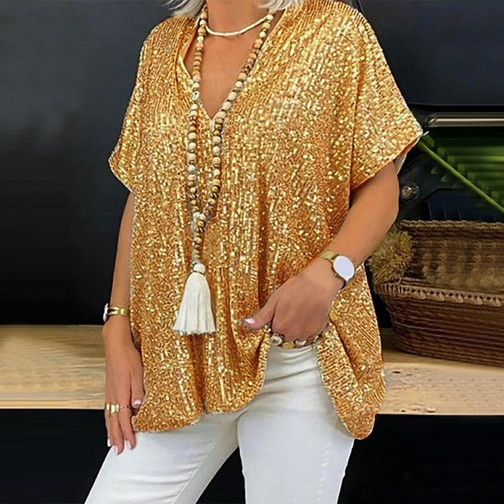 Women's Sequined V-Neck Loose Pullover Top
