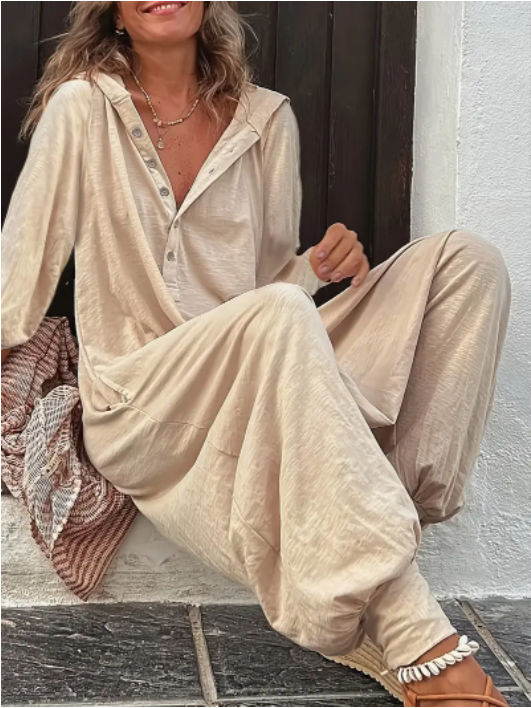Women's Casual Beige Hooded Jumpsuit with Long Sleeves