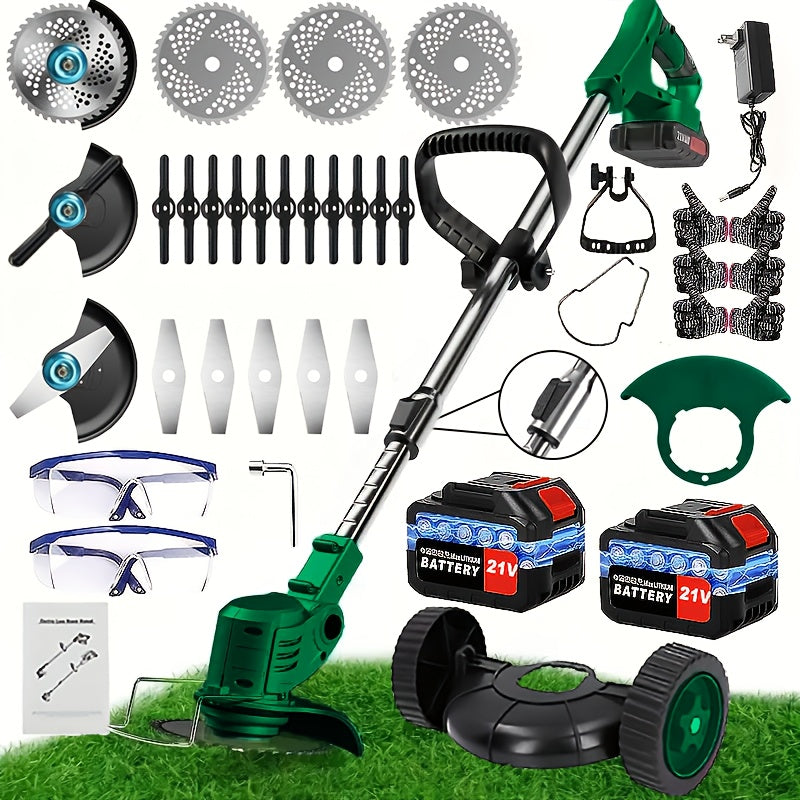 21V Cordless Handheld Multi‑Function Electric Lawn Mower with 2 Lithium Batteries and Triple Blade Set