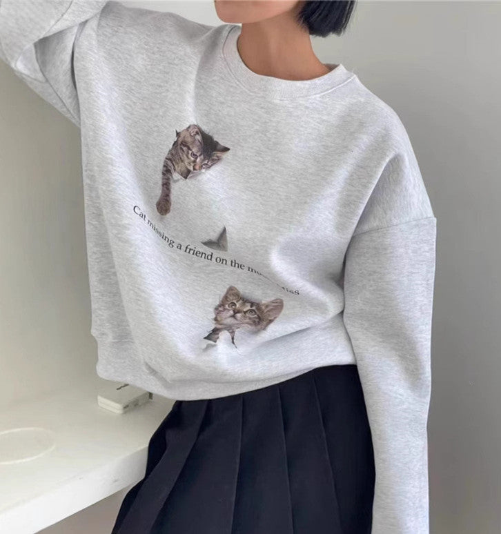 Cute Cat Print Thermal Round-Neck Sweatshirt
