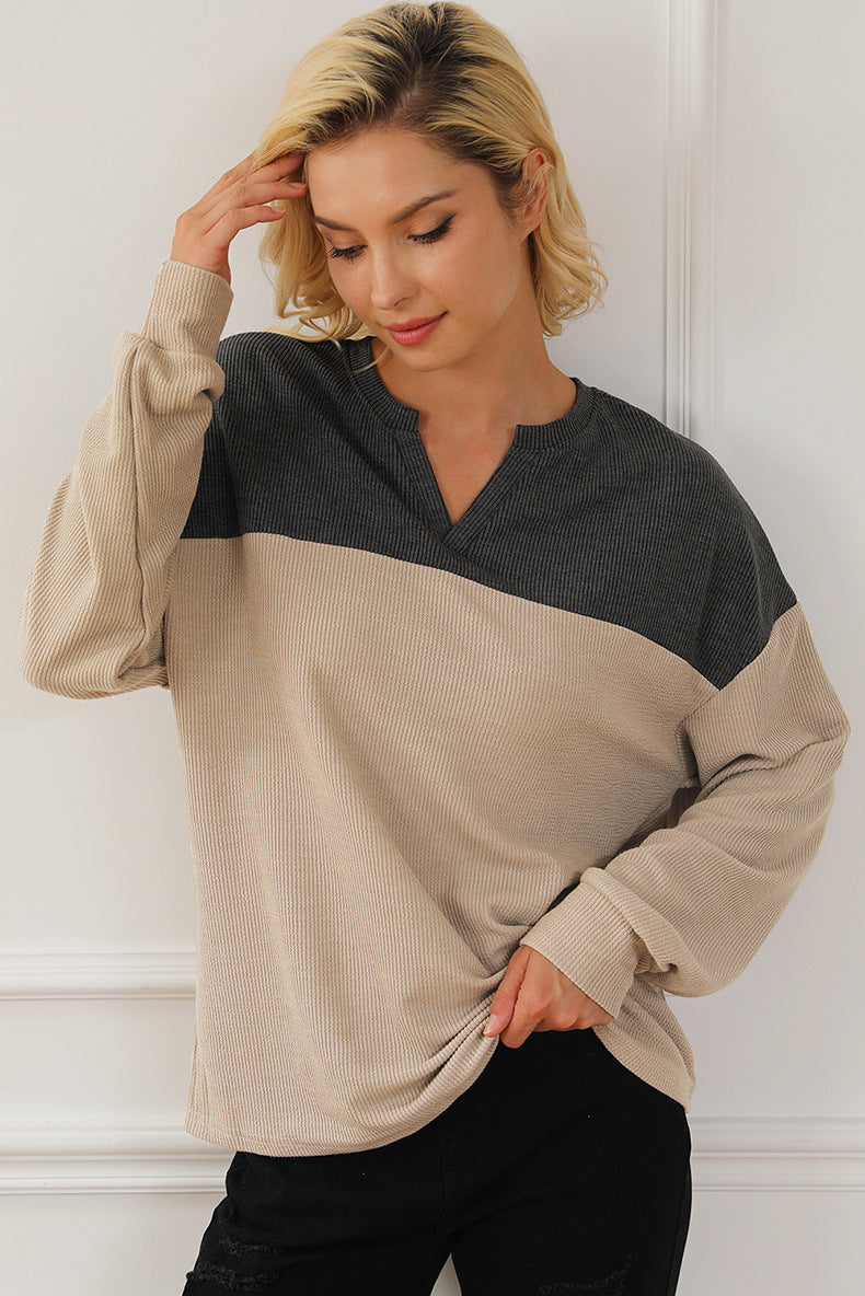 Chic Colorblock V-Neck Long Sleeve Pullover Sweater