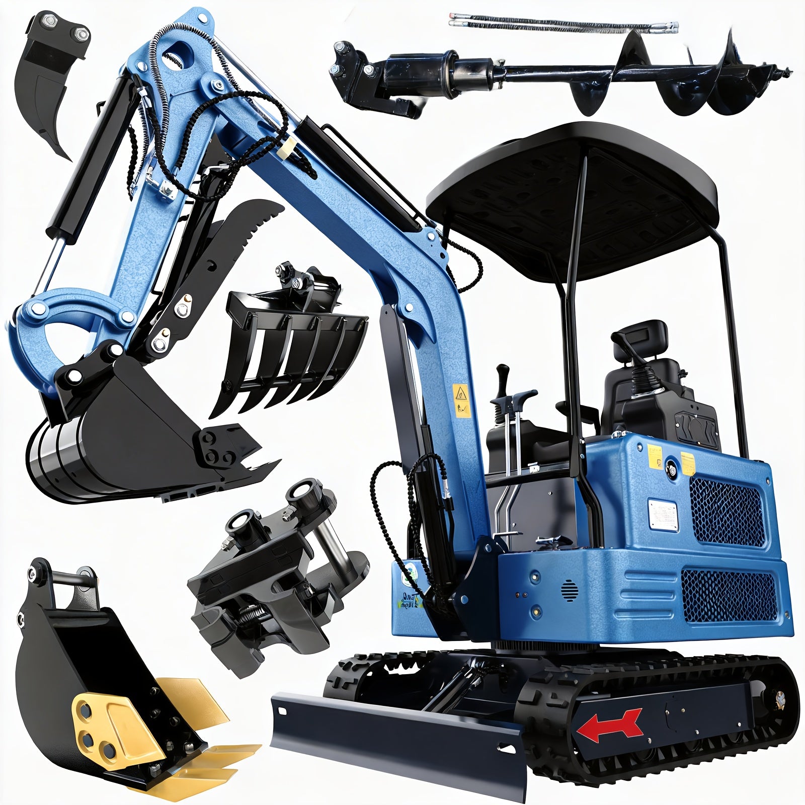 1.8 Ton (4000 lb) Crawler Mini Excavator Pilot Digger with Hydraulic Thumb, Twin‑Cylinder Diesel Engine and 5 Attachments
