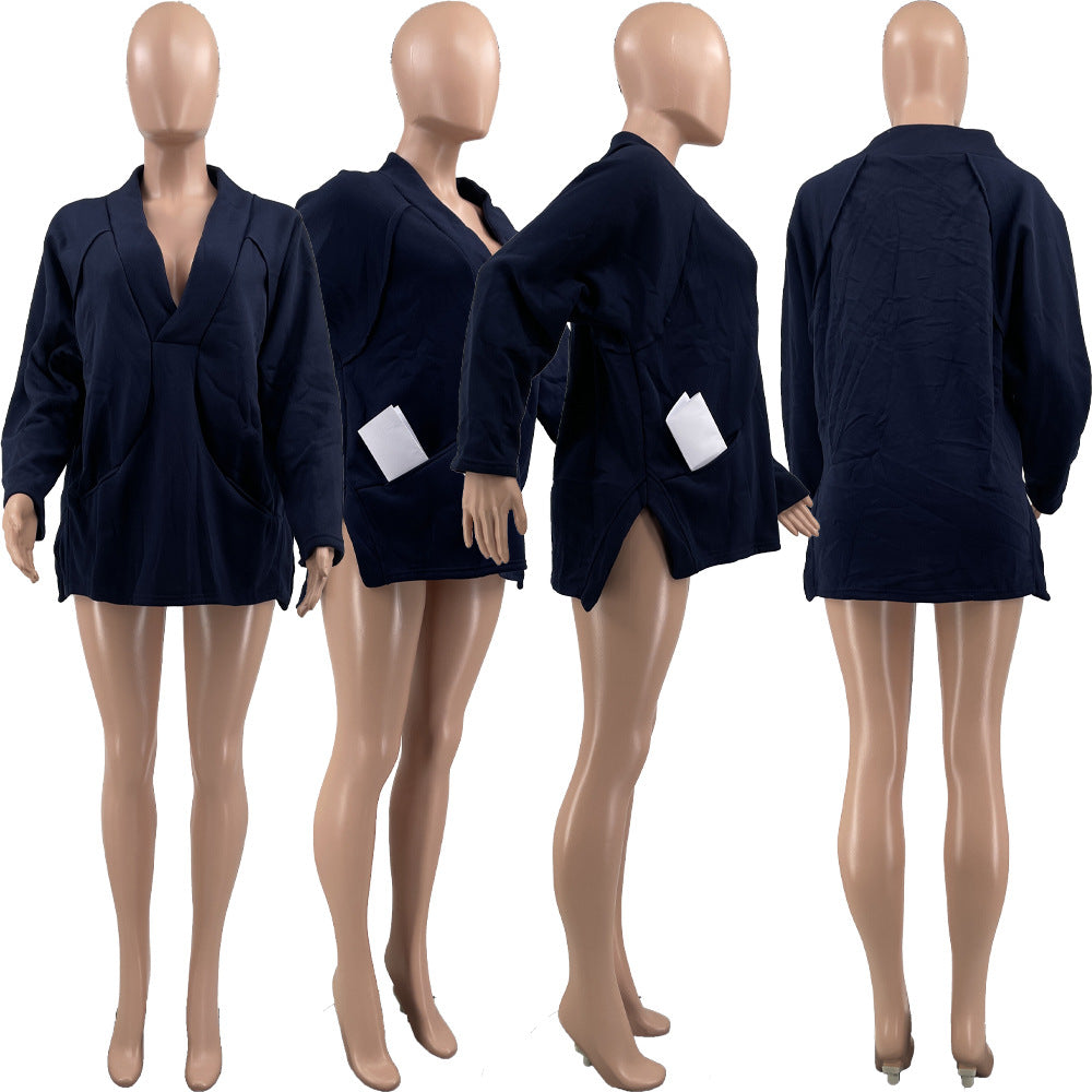 Casual Deep V-Neck Loose Pocket Sweatshirt for Women