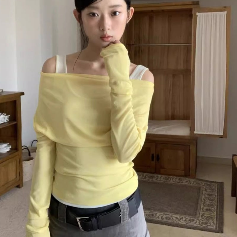 Early Autumn Off‑Shoulder Long‑Sleeve Shirt – Yellow Patchwork Detail