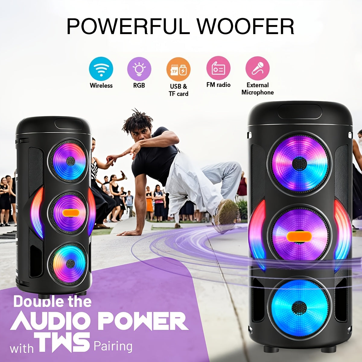 Large Portable Bluetooth Karaoke Party Box Speaker with Subwoofer and LED Lights