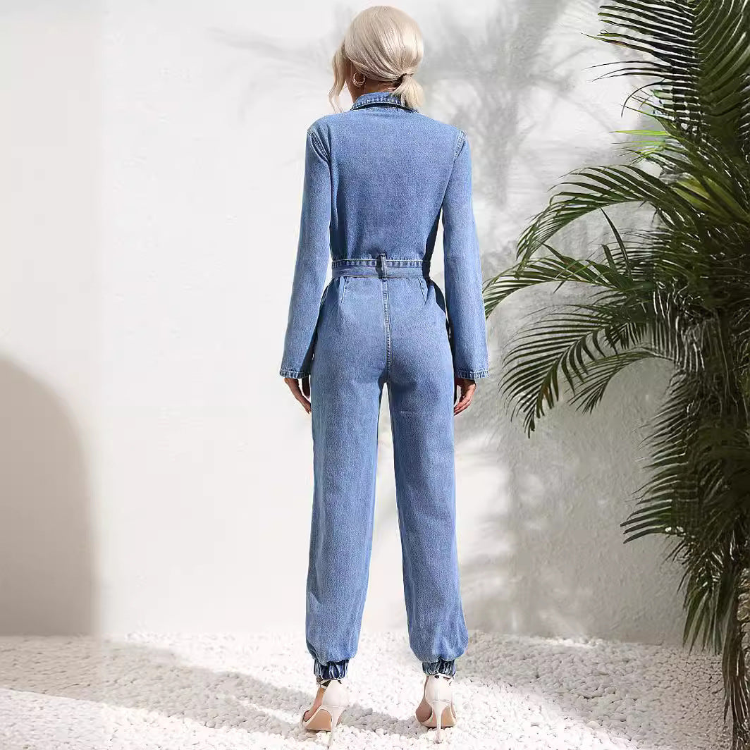 Chic Women's Denim Jumpsuit Long Sleeve Casual Romper