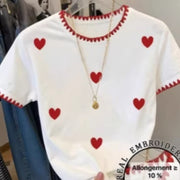 Patchwork Loose-Fit Crewneck T-Shirt – Trendy Embroidered Short Sleeve