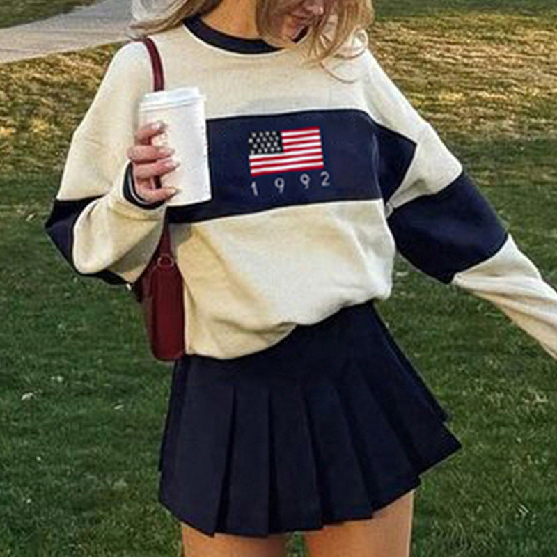 Preppy Flag Knit Sweater - Cozy Long Sleeve Pullover