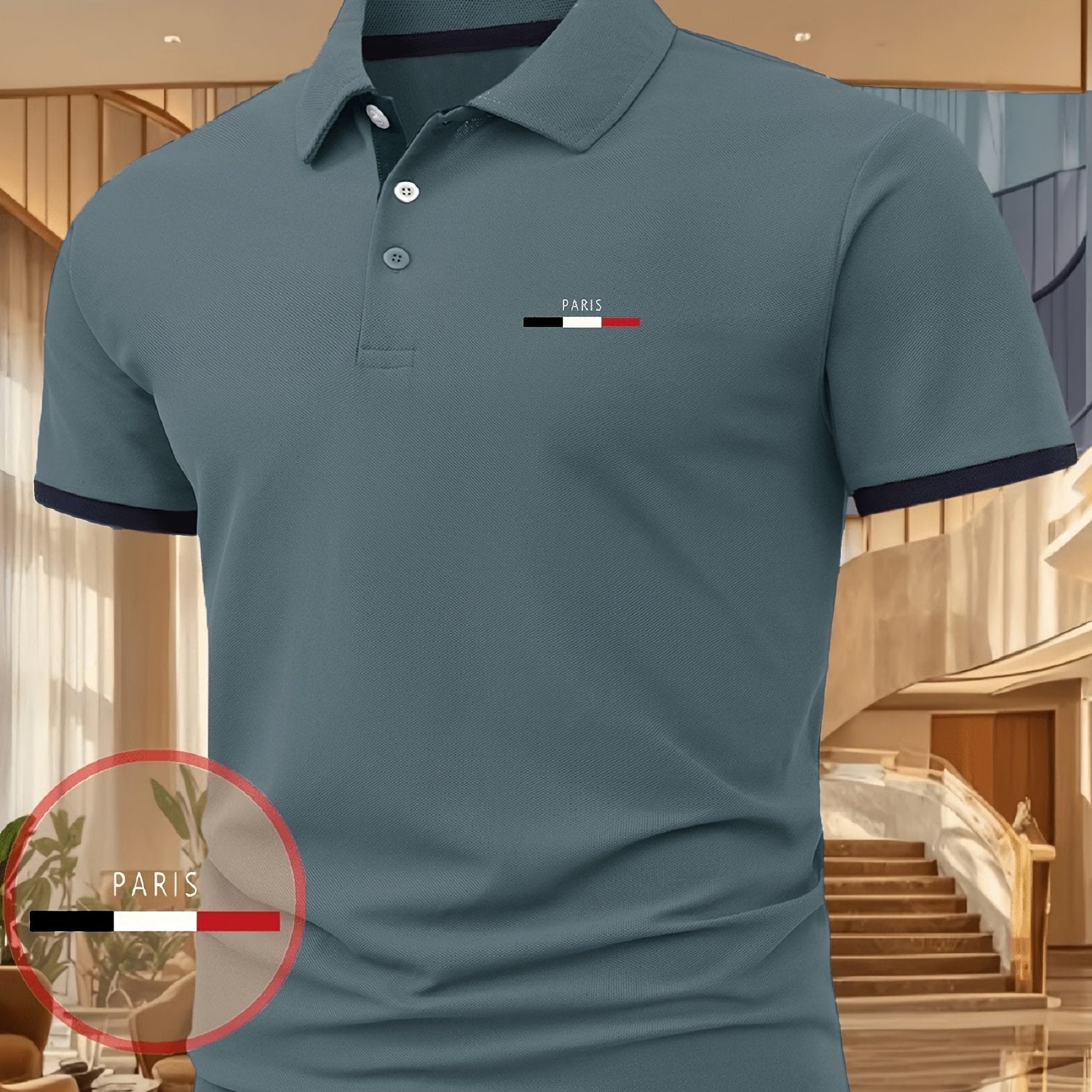 Men's Moisture-Wicking Printed Polo Shirt – Three‑Color Stripe, Short Sleeve