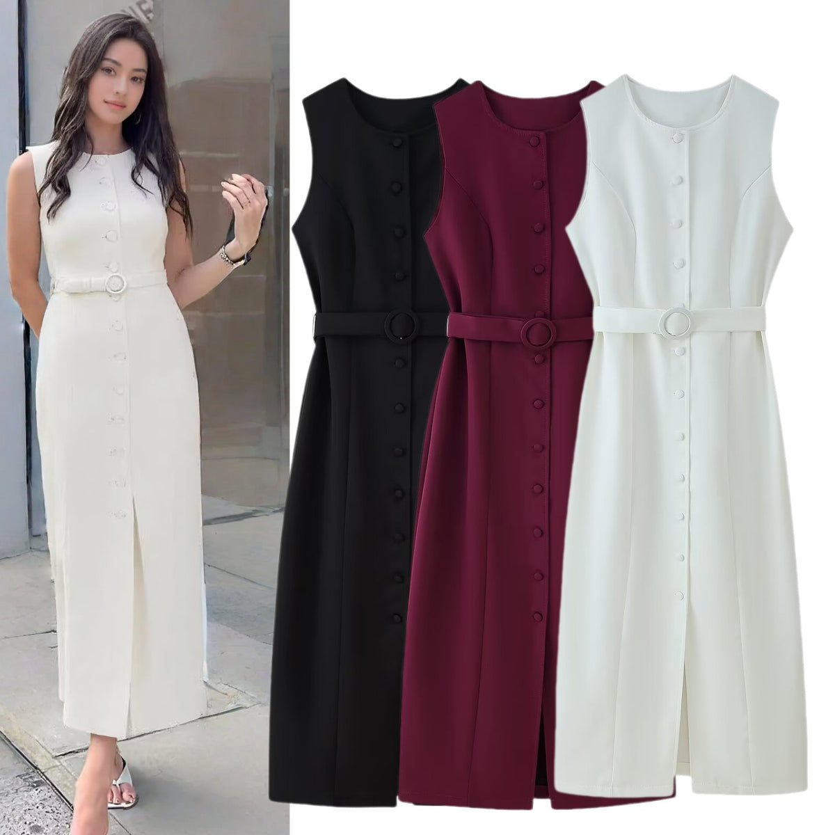 Round-neck Sleeveless Dress with a Belt and Single-breasted Buttons