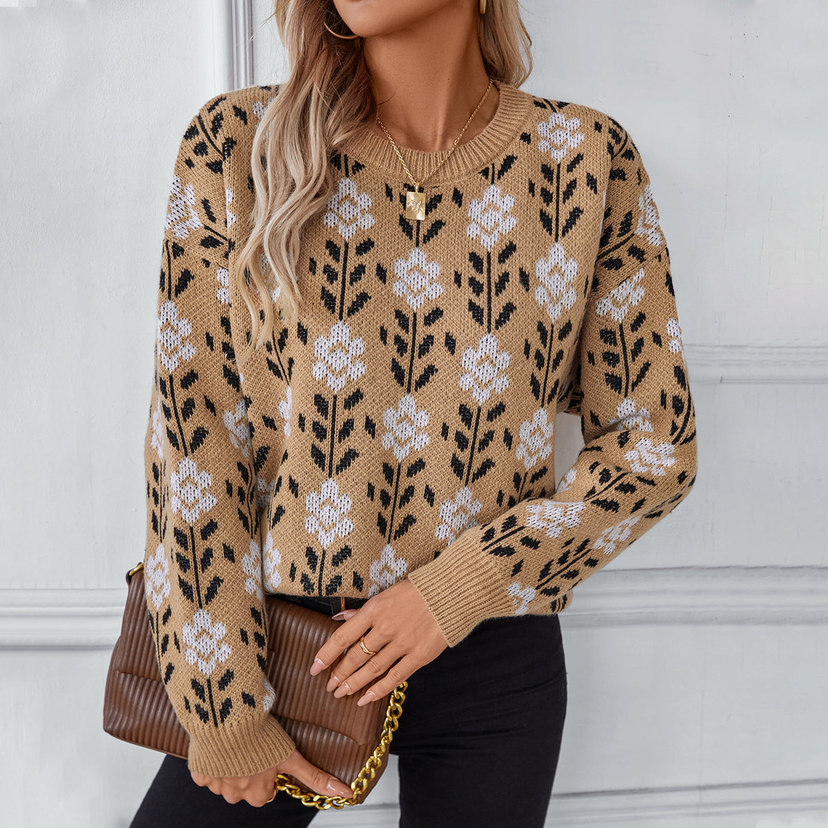 Flower Jacquard Pullover Women's Sweater