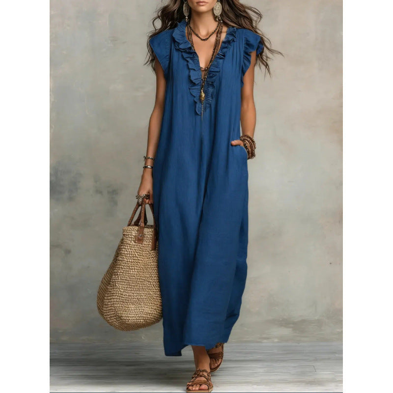 Bohemian V-Neck Flutter Sleeve Maxi Dress
