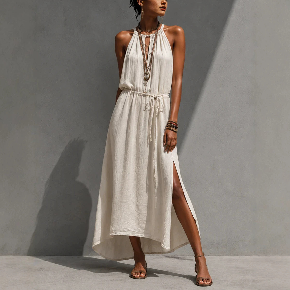 Backless Lace-up Slit Maxi Loose-fitting Dress
