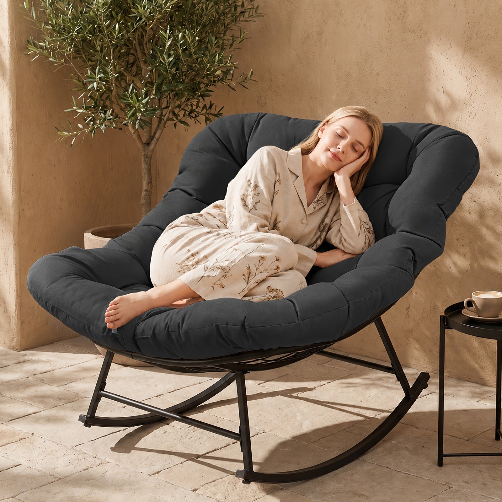 Leveleve Oversized Patio Papasan Rocking Chair, Comfy Padded Egg Chair with Thick Cushion, Outdoor Rocker for Balcony, Porch, Garden, 450 Lbs Support for Outdoor Use