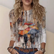 Floral Print Slim-Fit Crew Neck Top – Casual Three‑Quarter Sleeve