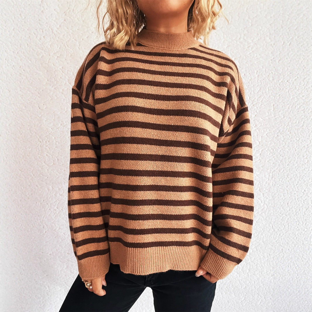 New Contrast Color Striped Knitted Sweater for Women