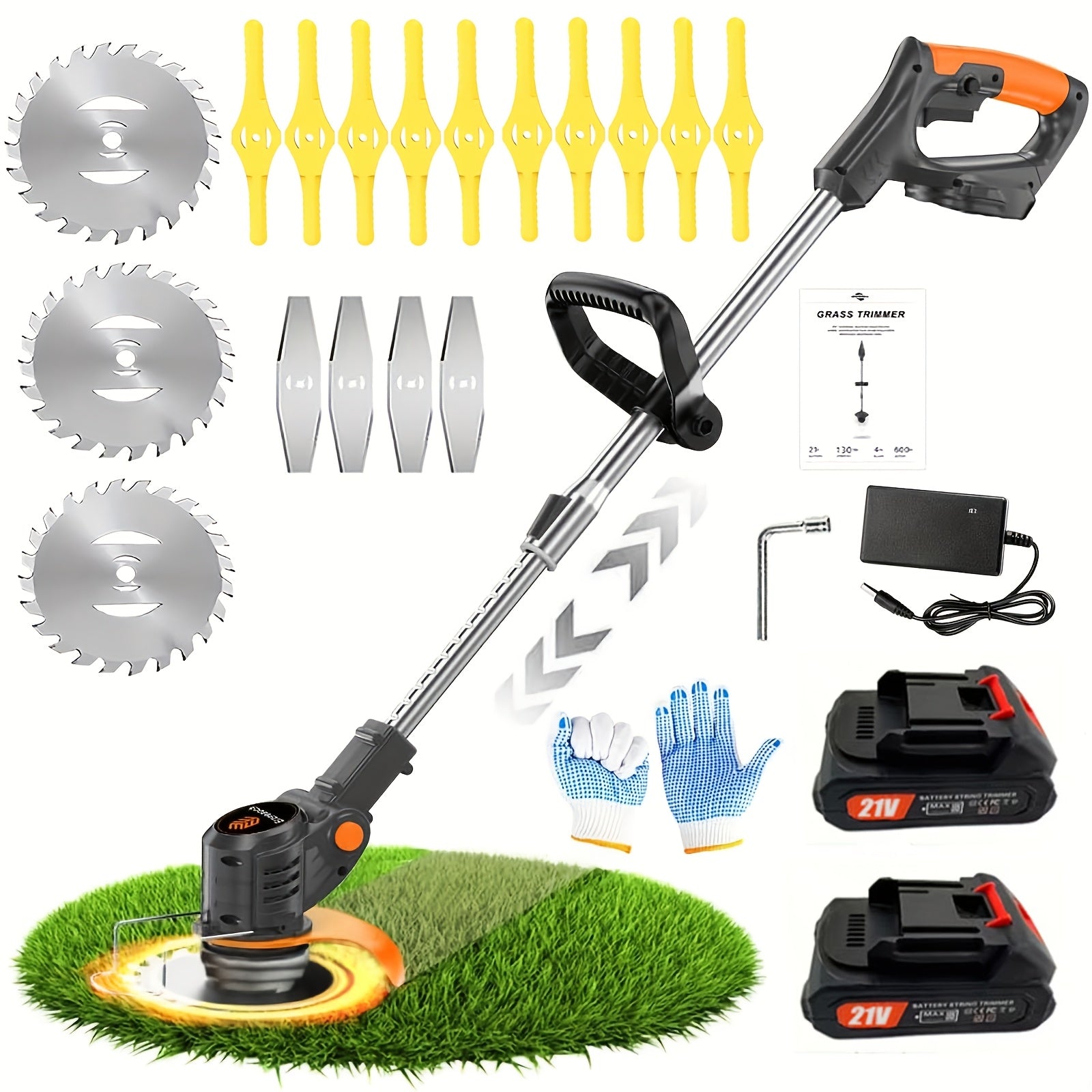 Portable Cordless Electric Lawn Mower with 2 Lithium-Ion Batteries and 3 Interchangeable Blades – Handheld Weed Wacker