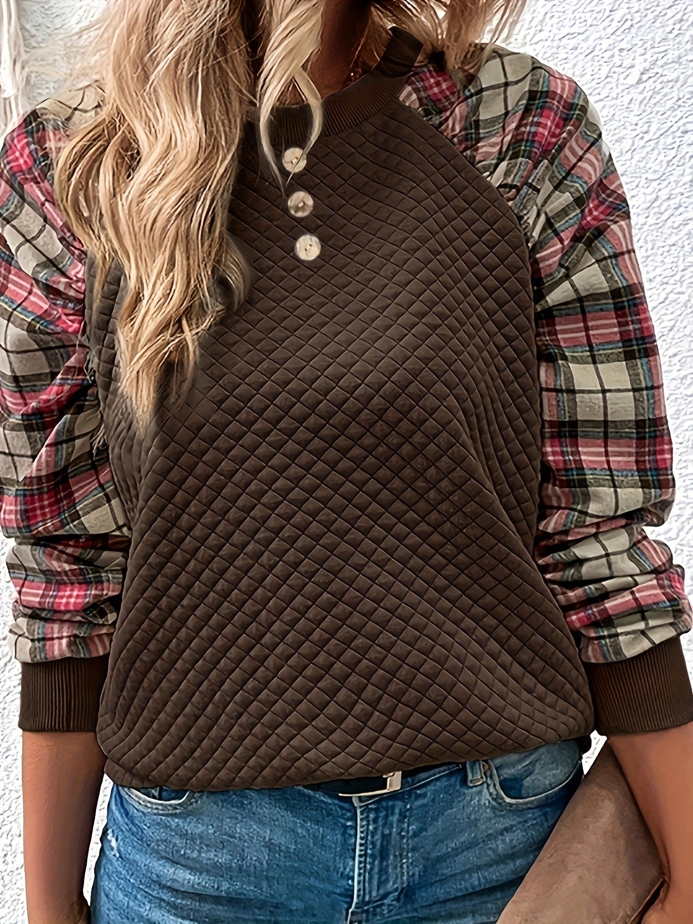 Diamond Plaid Long Sleeve Crew Neck Sweater