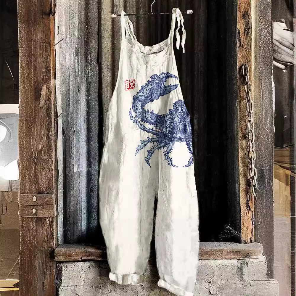Vintage Sweet Print Loose Suspender Pants for Women