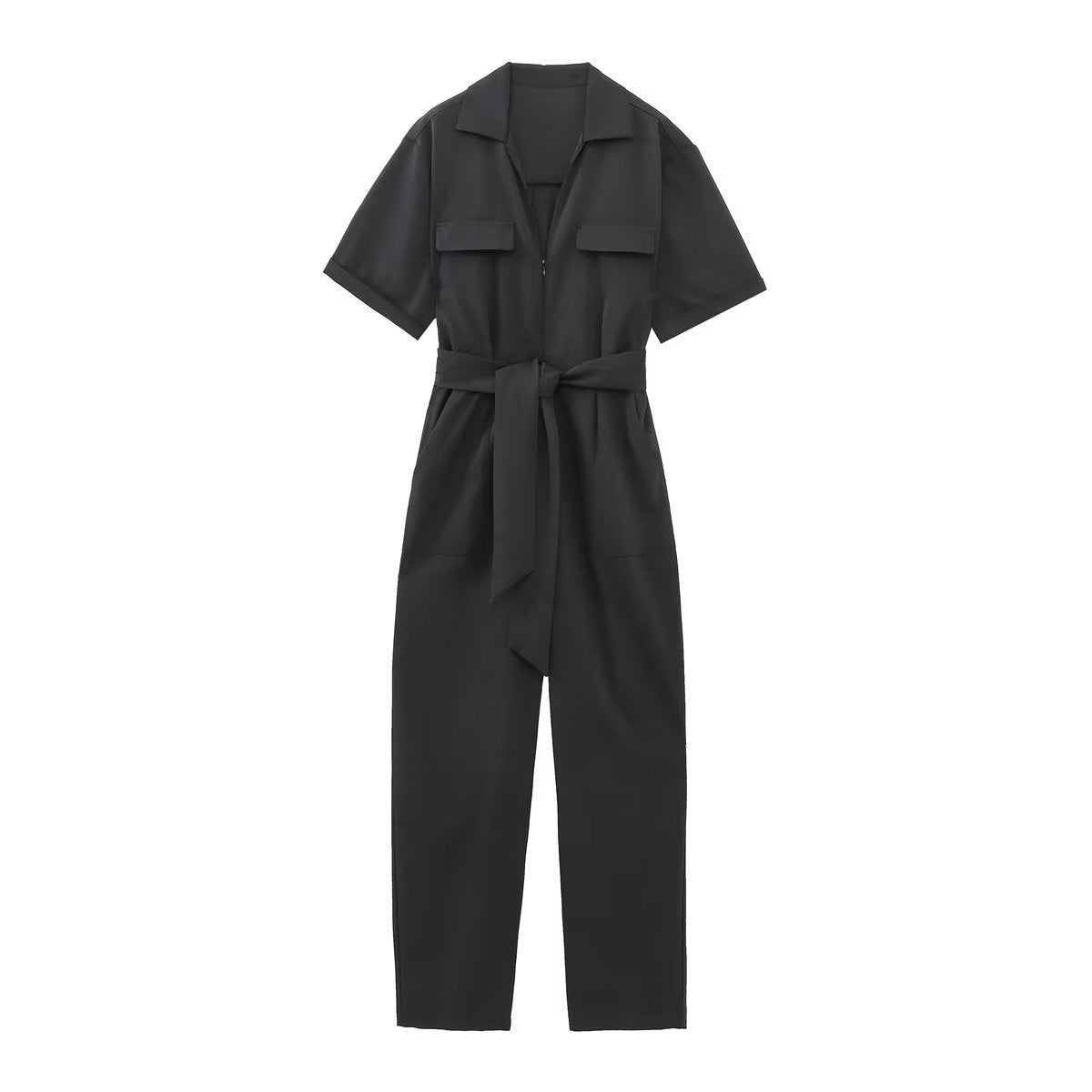 Chic Short-Sleeve Belted Jumpsuit with Zipper & Lapel