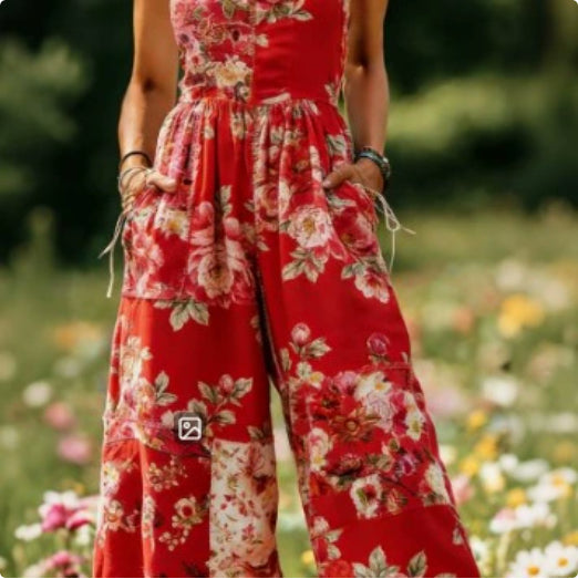 Women's Sweet Digital Print Button Suspender Casual Pants