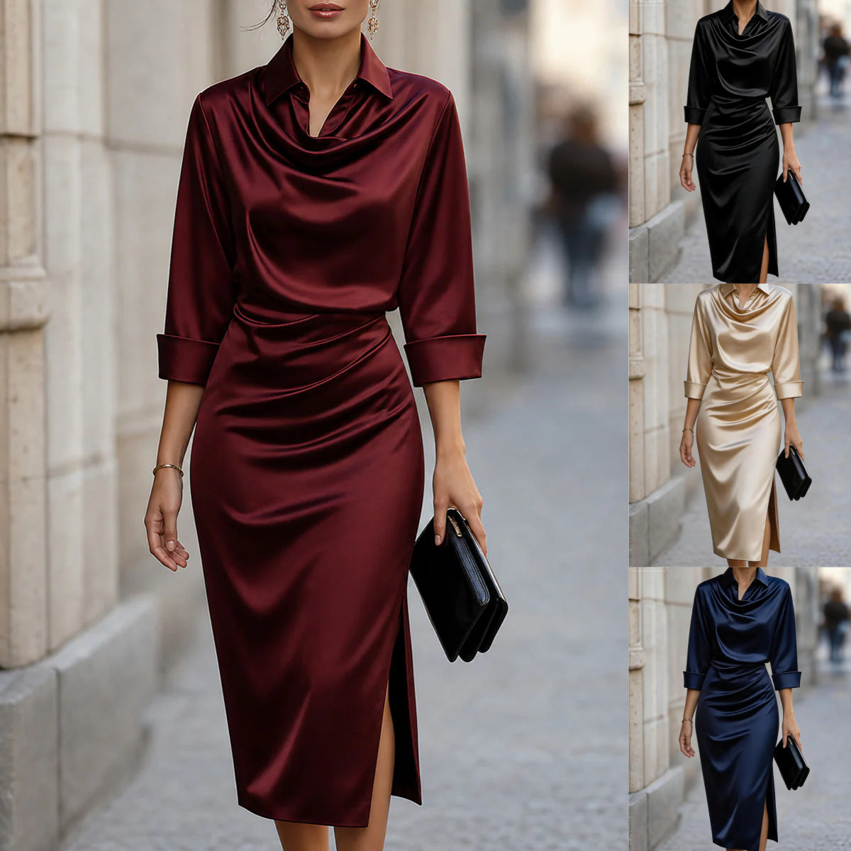 Satin Style Swing Collar Dress with Long Sleeves and Slim Fit