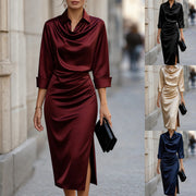 Satin Style Swing Collar Dress with Long Sleeves and Slim Fit