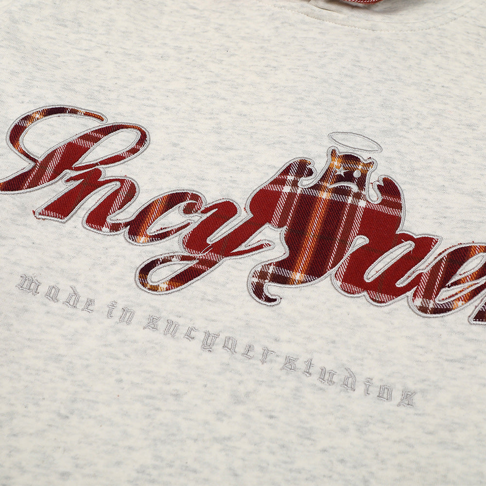Plaid Applique Letter Hooded Sweatshirt