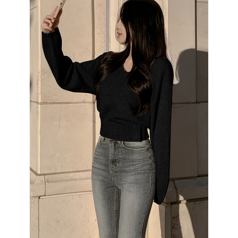Solid Color and V-neck Side Buckle Waist Slimming Versatile Spring Top