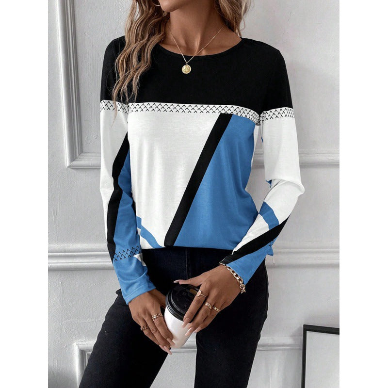 Geometric Print Contrast Stitching Pullover Top