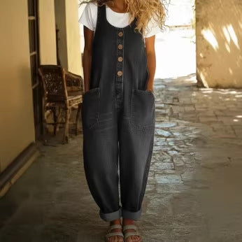 Retro Multi-Pocket Casual Buckle Jumpsuit