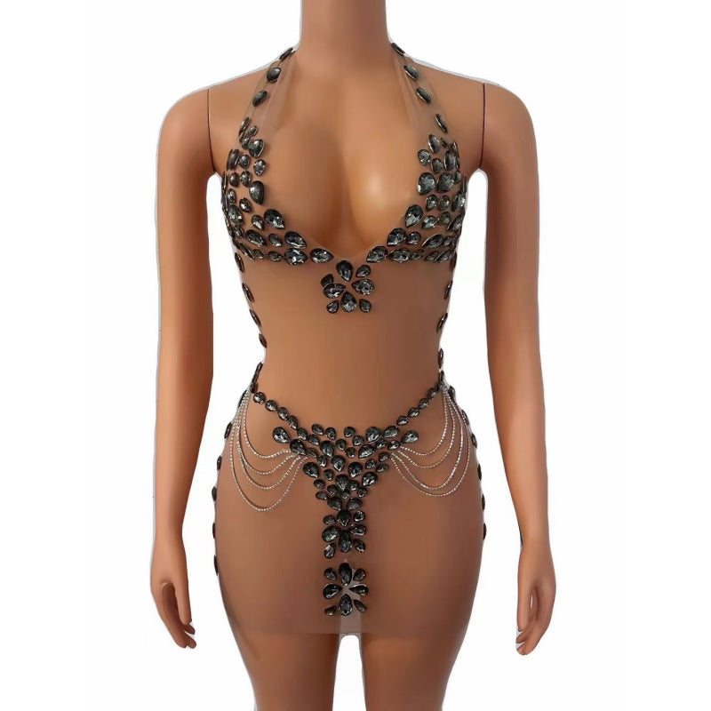 Women's Fashionable See-through Rhinestone Dress