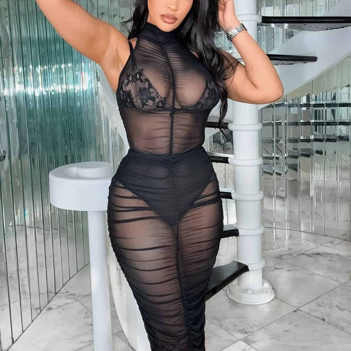 Sexy Mesh Sleeveless Leotard & Pleated Skirt Two-Piece Set