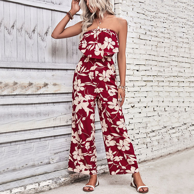 European And American-style Womens Strapless Printed Jumpsuit