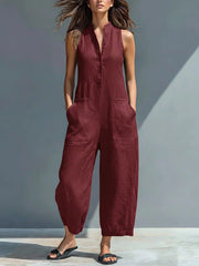 Casual Womens Sleeveless Stand Neck Pocket Jumpsuit