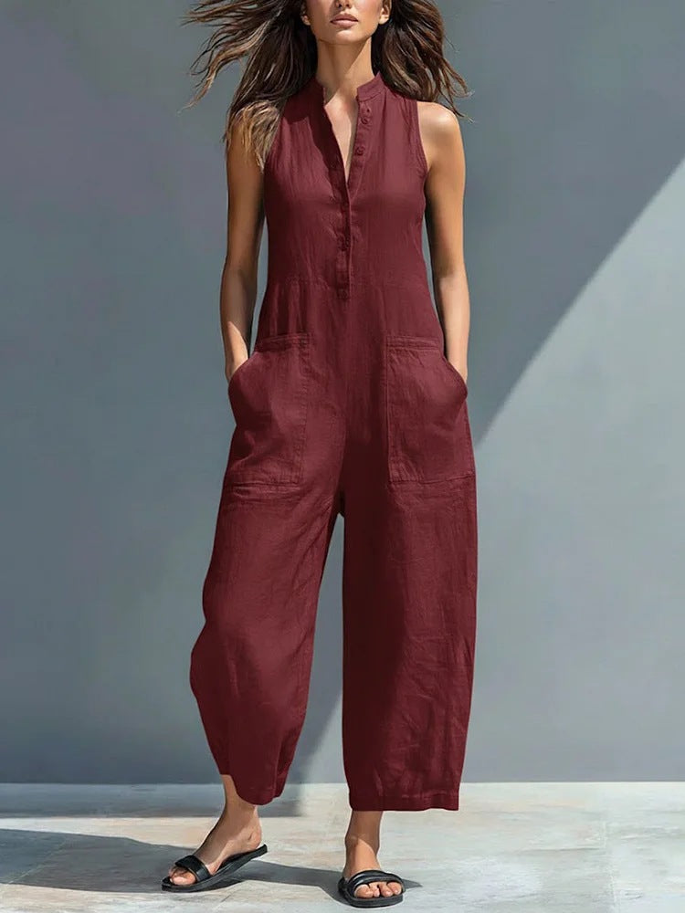 Casual Womens Sleeveless Stand Neck Pocket Jumpsuit