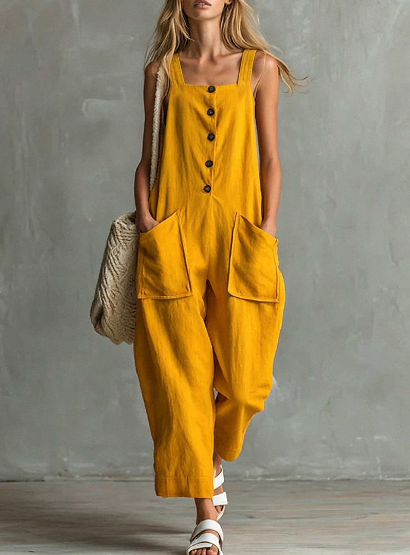 Wide-Leg Linen Overalls with Pockets