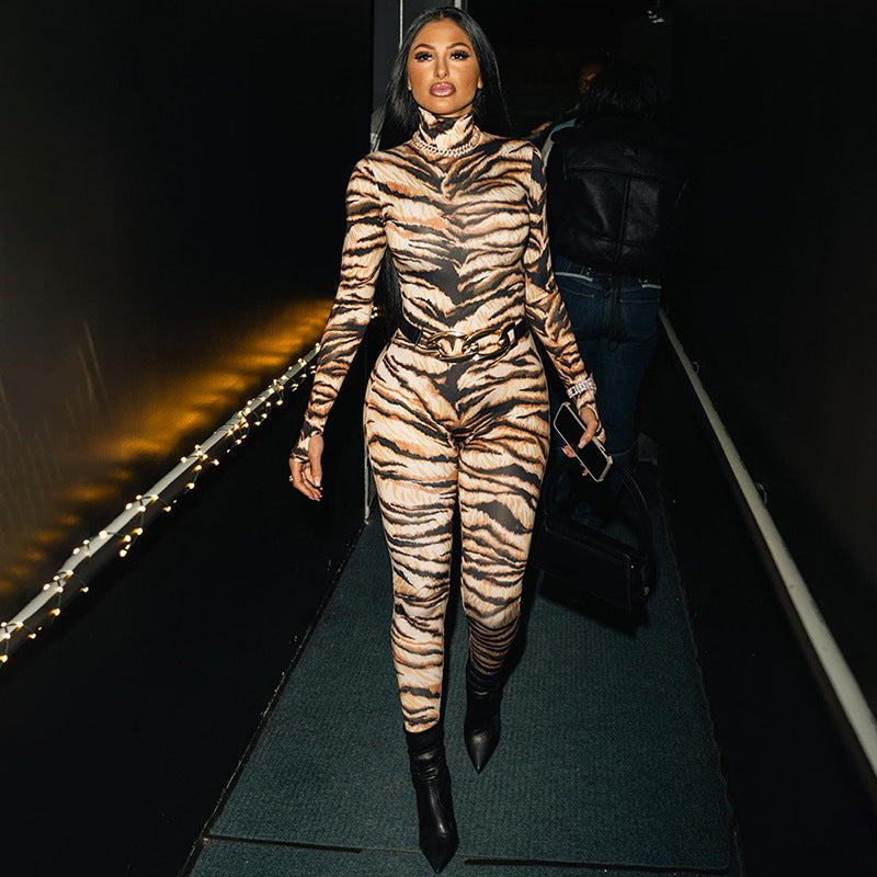 Women's Tiger Print Turtleneck Bodycon Jumpsuit
