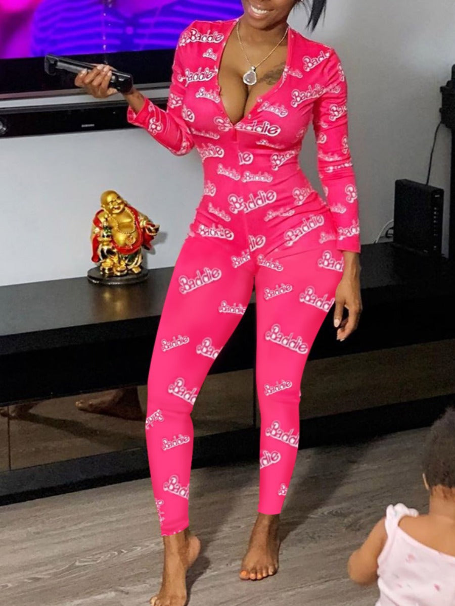 Printed Slim Sexy Long-sleeved One-piece Pajamas