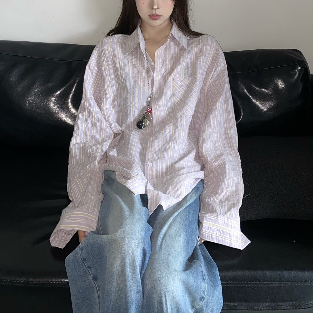 Retro Lazy Style Refreshing Stripes Shirt Coat Women