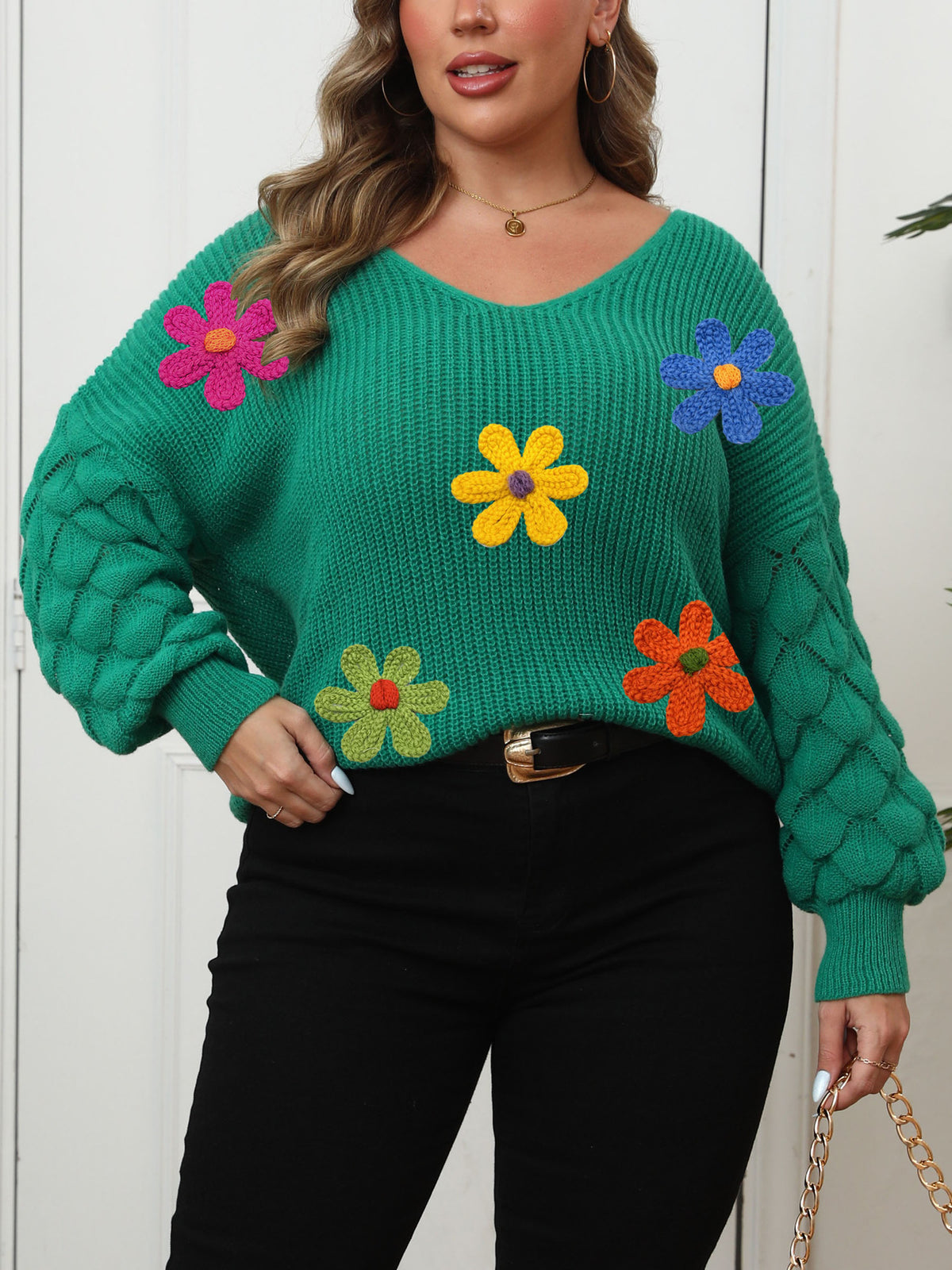 Plus-size Women's Sweater Pineapple Sleeve Patch Base Shirt 3d Wool Embroidery Flowers